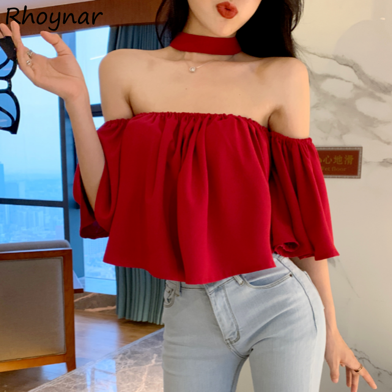 Crop Blouse Linen - Blouses Women Slash Neck Off-shoulder Sexy