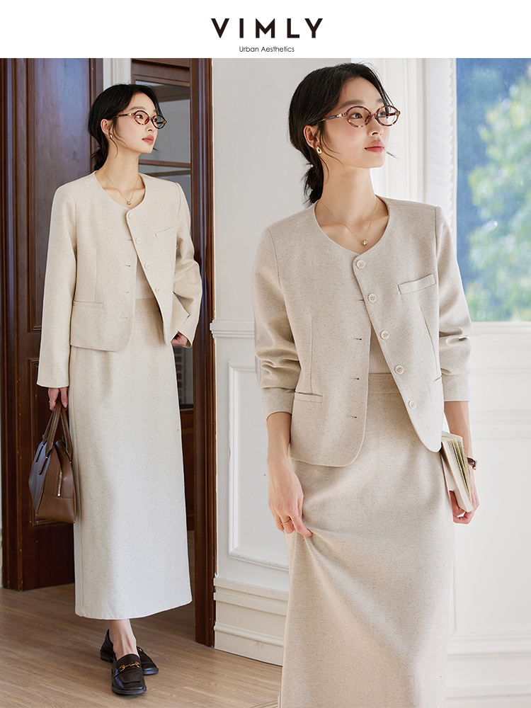 Summer Clothing Linen - VIMLY Oatmeal Linen Cropped Jacket Skirt