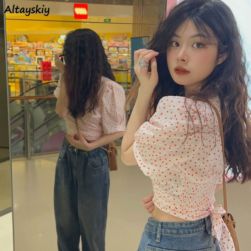 Crop Blouse Linen - Blouse Women Summer Dot Lace-up Cropped