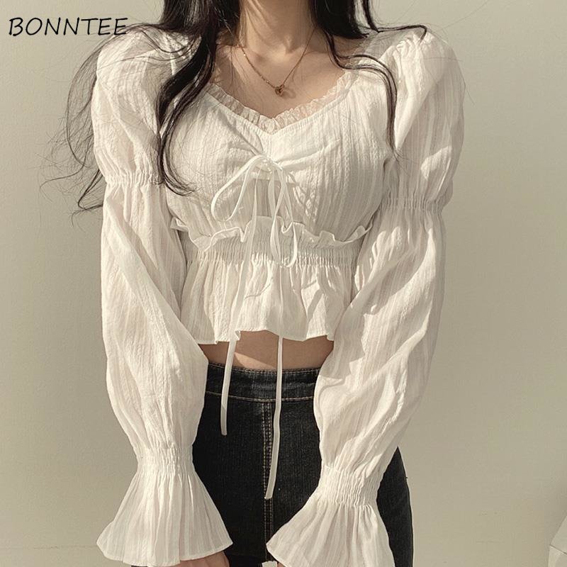 Crop Blouse Linen - Puff Sleeve Blouses Women Gentle Sweet