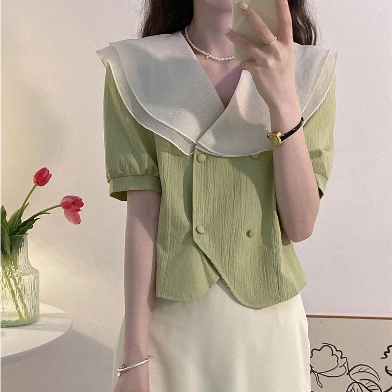 Summer Clothing Trends For Women - Contrast Patchwork Button Ruffles Sweet Shirt