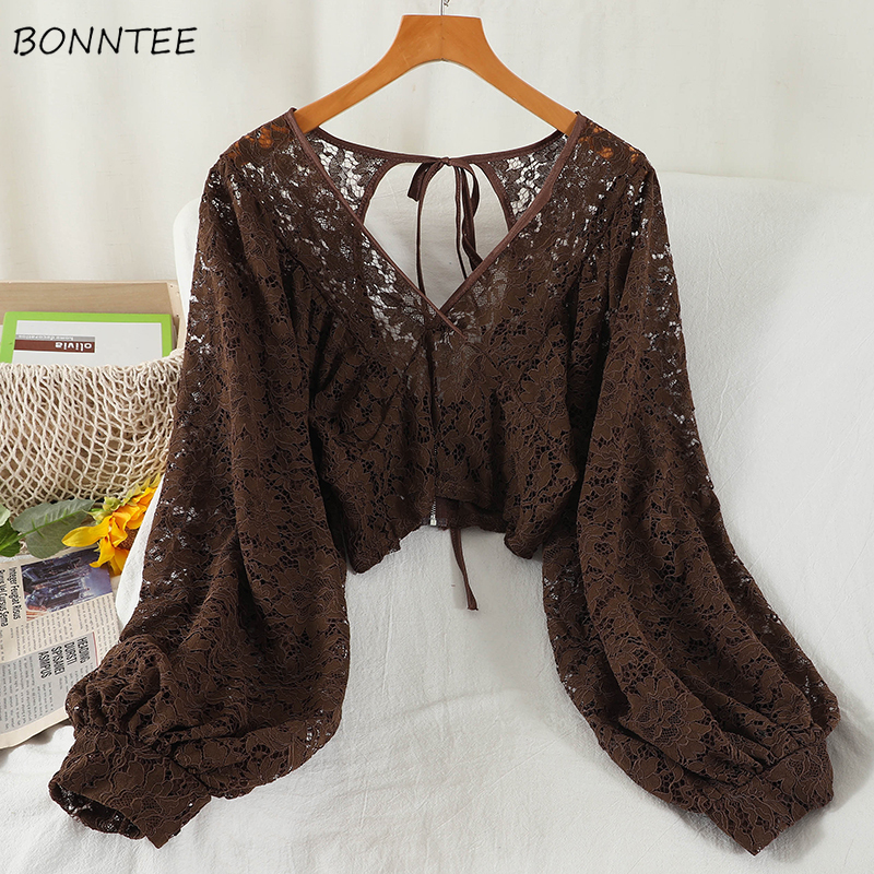Blouses Women Solid Lace Simpl - Crop Blouse Linen บทวิจารณ์และราคา