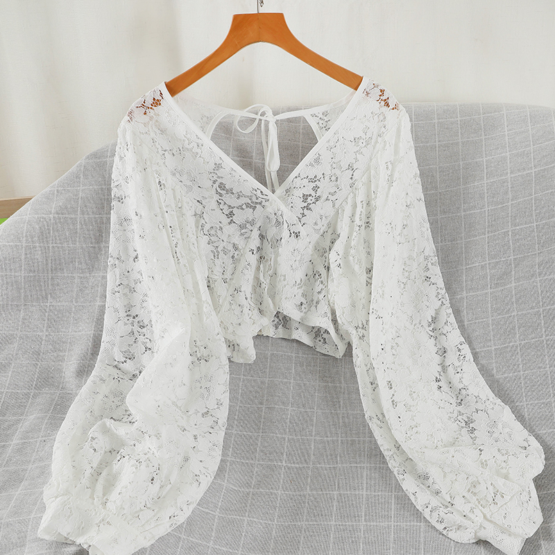 Blouses Women Solid Lace Simpl - Crop Blouse Linen บทวิจารณ์และราคา