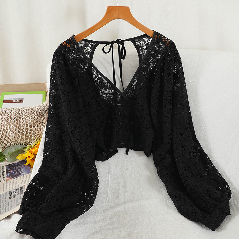 Blouses Women Solid Lace Simpl - Crop Blouse Linen บทวิจารณ์และราคา