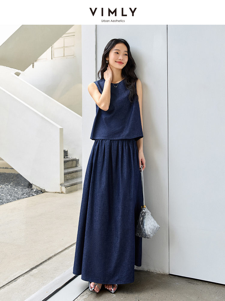 VIMLY Summer 2 Piece Denim Ski - Summer Clothing Linen บทวิจารณ์และราคา