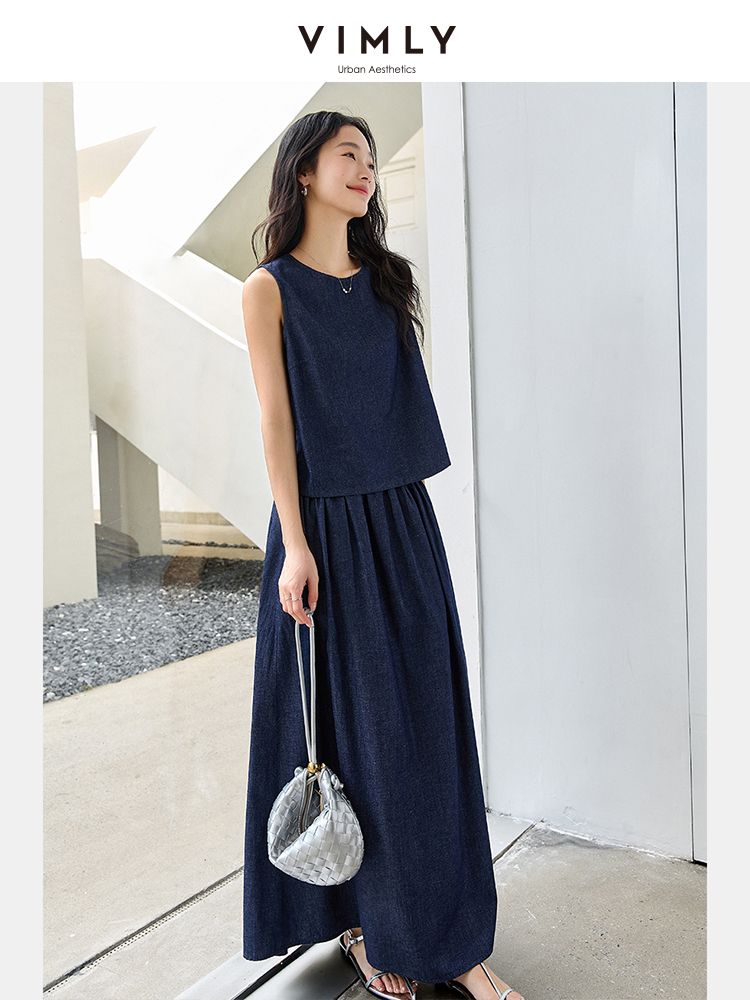 VIMLY Summer 2 Piece Denim Ski - Summer Clothing Linen บทวิจารณ์และราคา