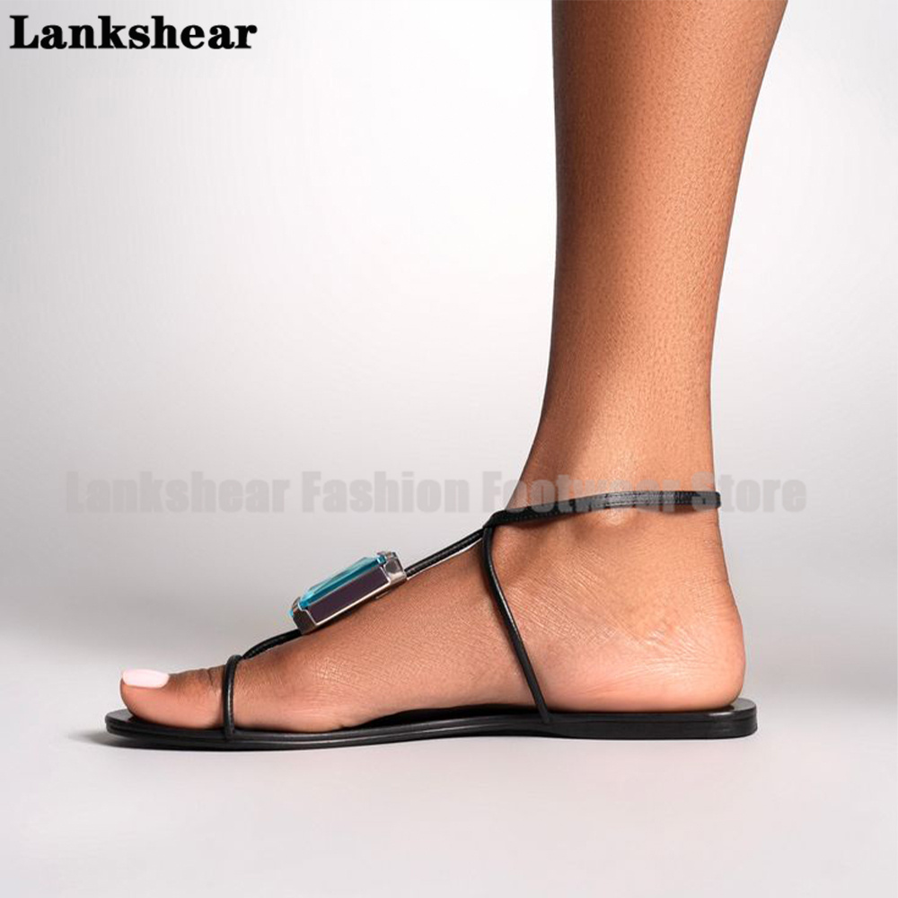 Blue Gemstone T-Strap Flat San - Flip Flop Jeweled บทวิจารณ์และราคา