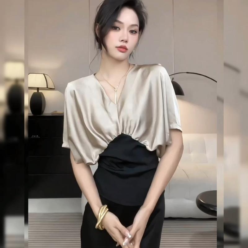 V Neck Contrast Patchwork Plea - Summer Clothing Trends For Women บทวิจารณ์และราคา
