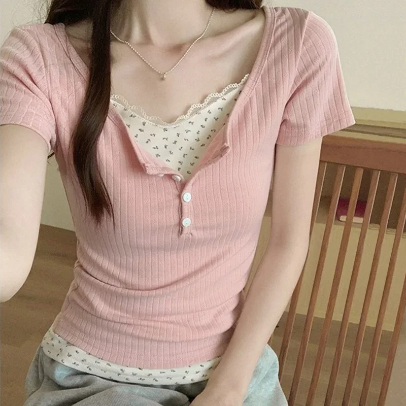 New Women's Lace Spliced Ribbe - Crop Blouse Linen บทวิจารณ์และราคา