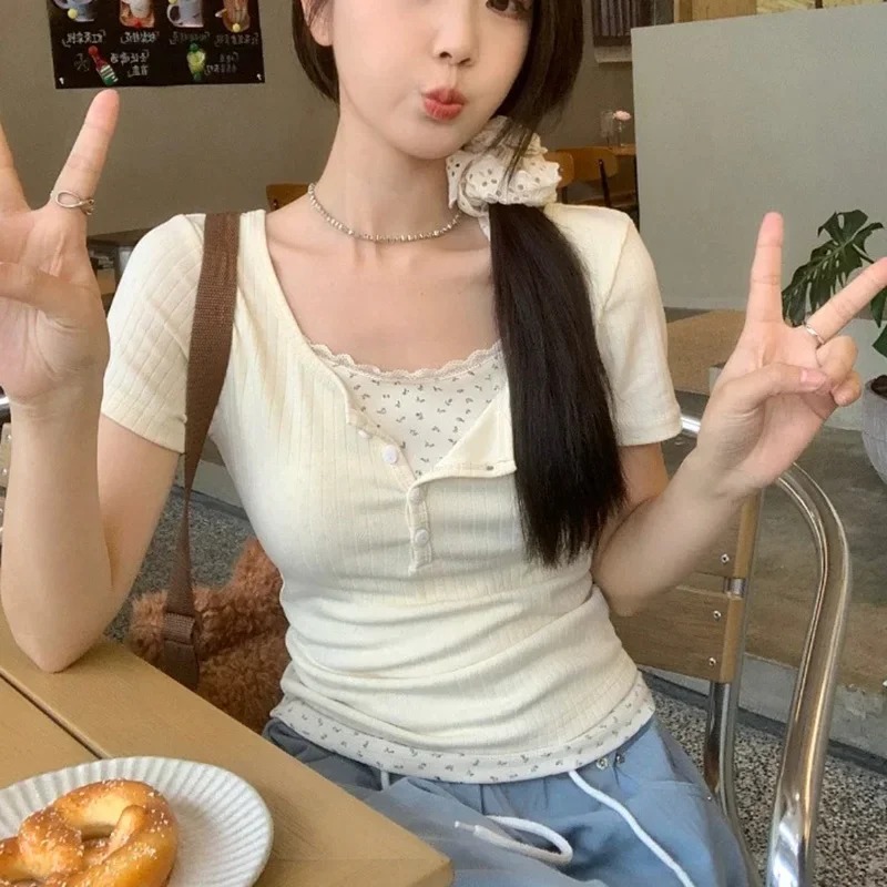 New Women's Lace Spliced Ribbe - Crop Blouse Linen บทวิจารณ์และราคา