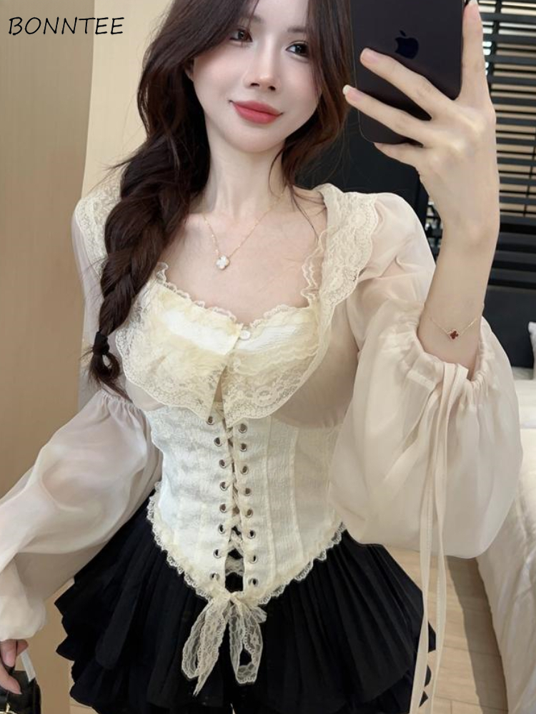 Solid Blouse Women Lace-up Cro - Crop Blouse Linen บทวิจารณ์และราคา