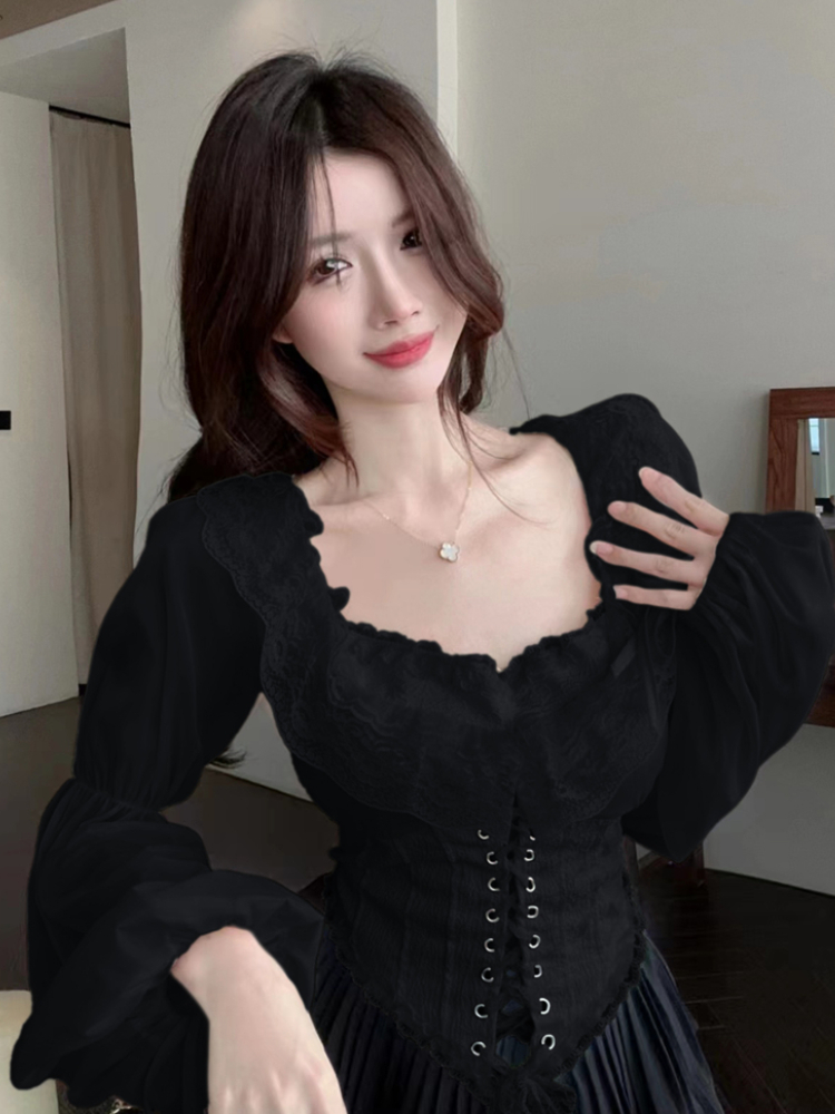 Solid Blouse Women Lace-up Cro - Crop Blouse Linen บทวิจารณ์และราคา