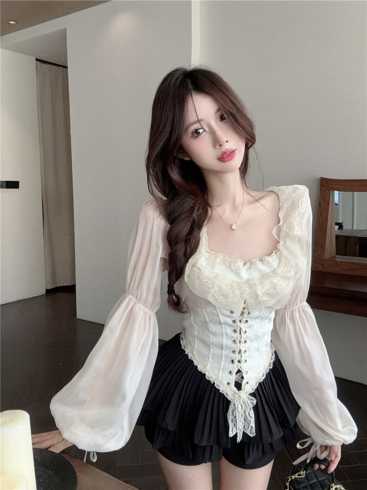 Solid Blouse Women Lace-up Cro - Crop Blouse Linen บทวิจารณ์และราคา