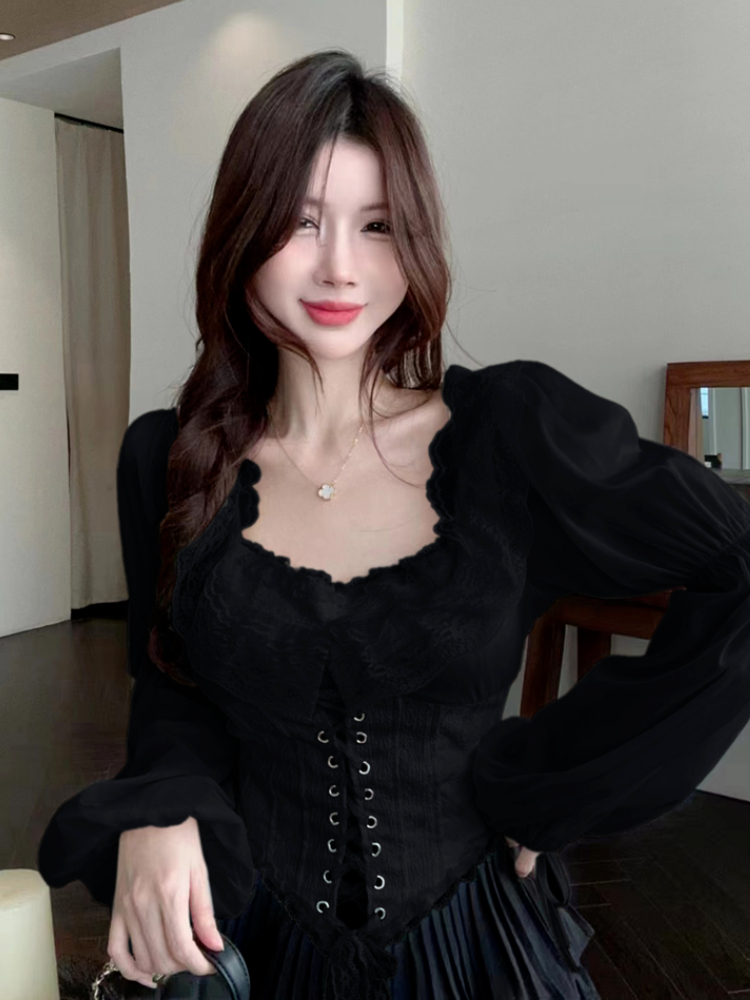 Solid Blouse Women Lace-up Cro - Crop Blouse Linen บทวิจารณ์และราคา