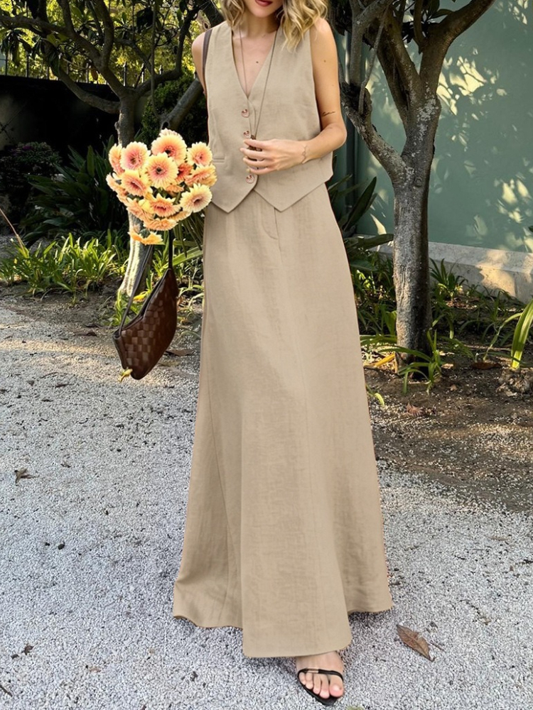 Womem's Chic Vest Long Skirt 2 - Summer Clothing Linen บทวิจารณ์และราคา
