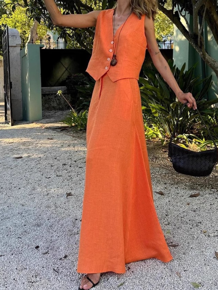 Womem's Chic Vest Long Skirt 2 - Summer Clothing Linen บทวิจารณ์และราคา