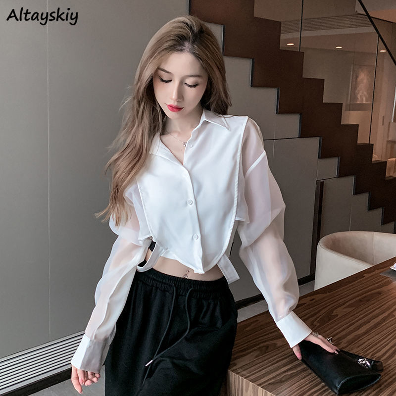 Shirts Women Retro Chic Patchw - Crop Blouse Linen บทวิจารณ์และราคา