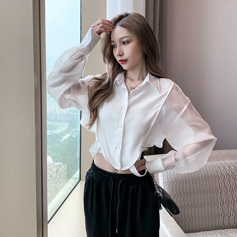 Shirts Women Retro Chic Patchw - Crop Blouse Linen บทวิจารณ์และราคา
