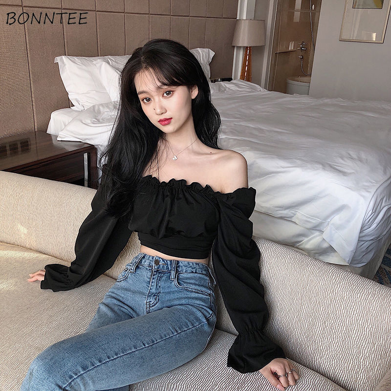 Blouses Women Black Puff Sleev - Crop Blouse Linen บทวิจารณ์และราคา