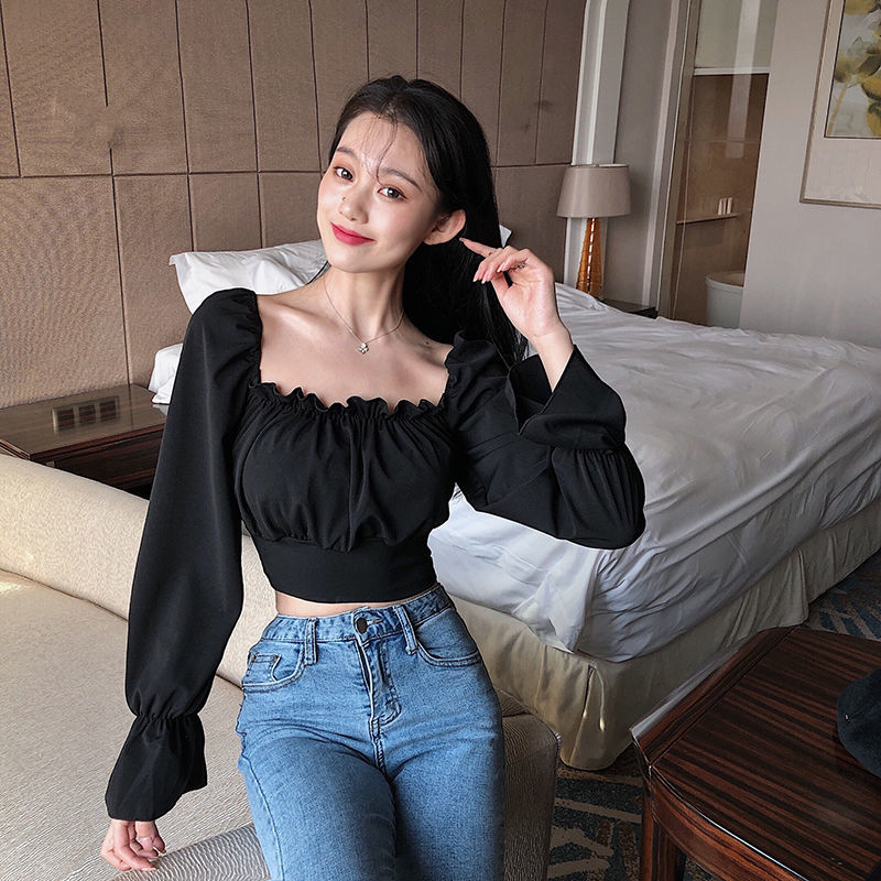 Blouses Women Black Puff Sleev - Crop Blouse Linen บทวิจารณ์และราคา