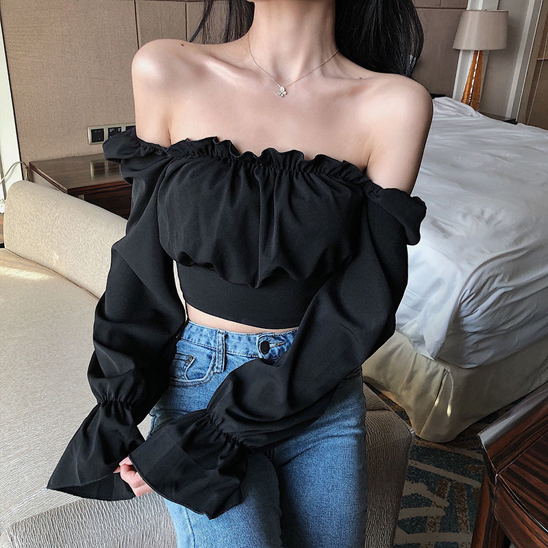 Blouses Women Black Puff Sleev - Crop Blouse Linen บทวิจารณ์และราคา