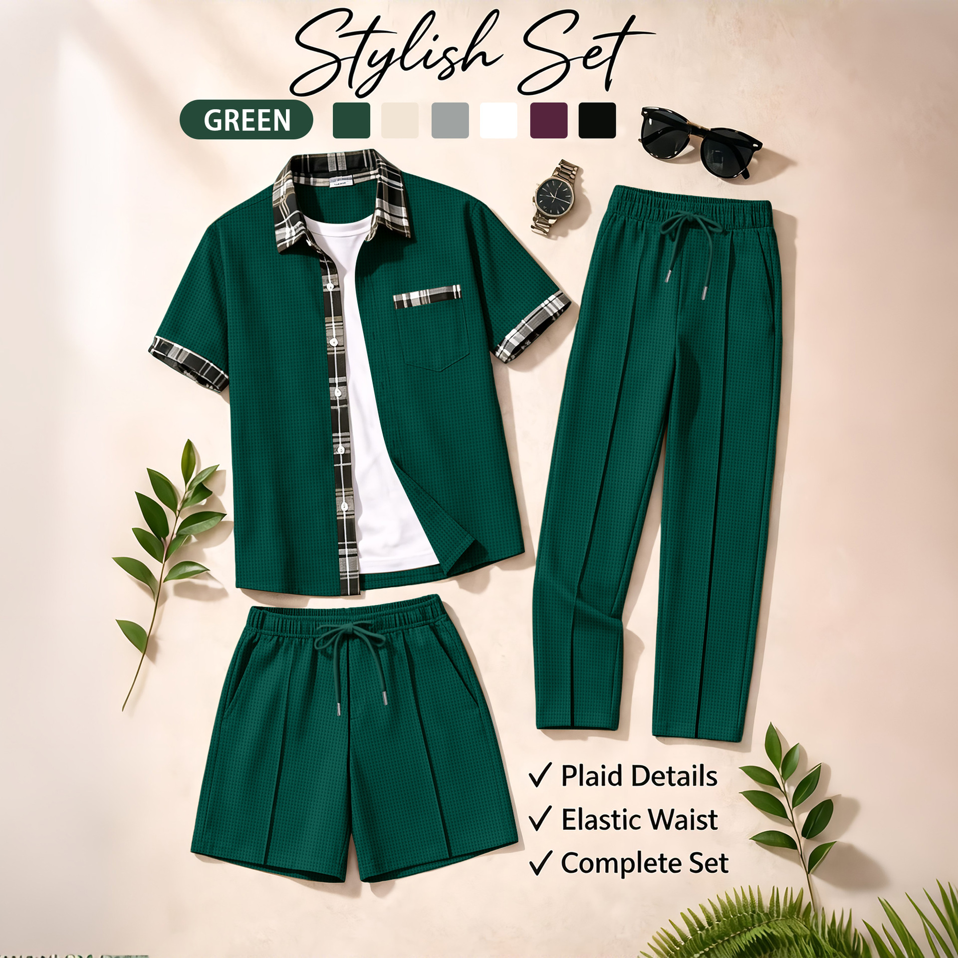 Men's 3 Piece Waffle Knit Trac - Summer Clothing Sets บทวิจารณ์และราคา