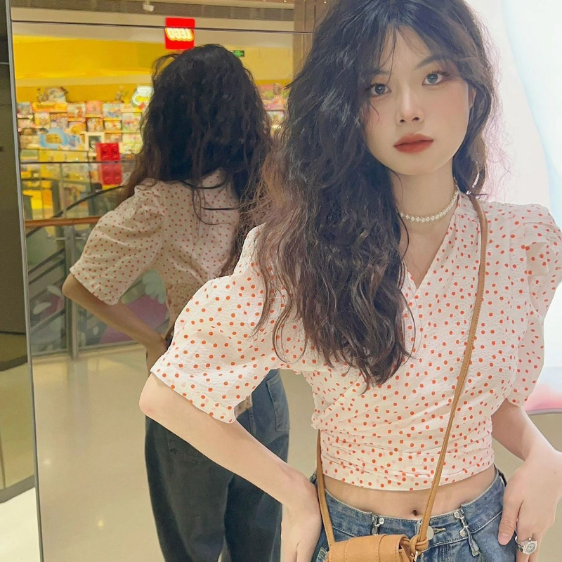 Blouse Women Summer Dot Lace-u - Crop Blouse Linen บทวิจารณ์และราคา