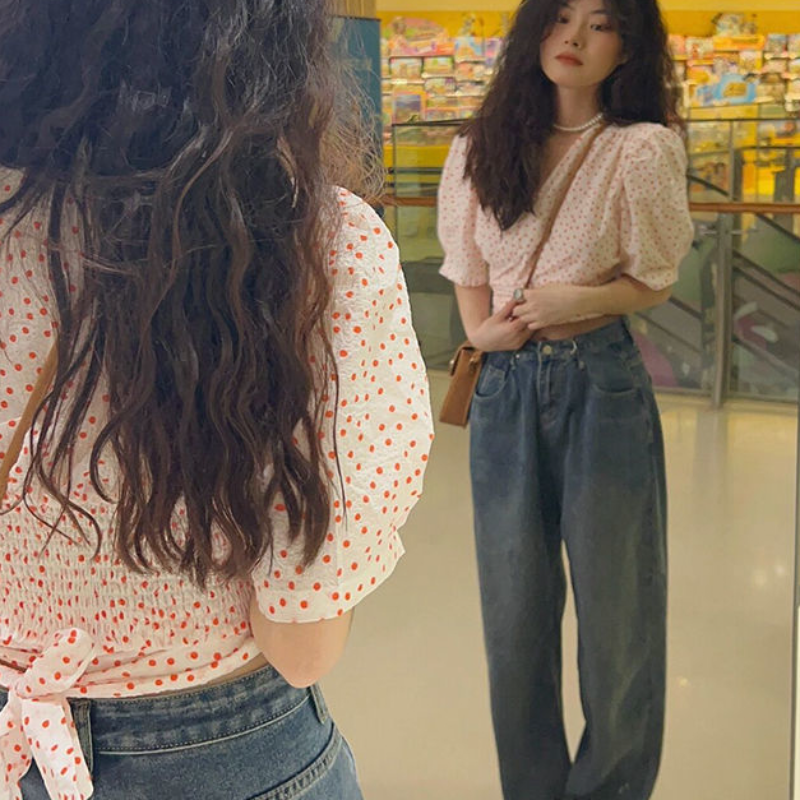 Blouse Women Summer Dot Lace-u - Crop Blouse Linen บทวิจารณ์และราคา