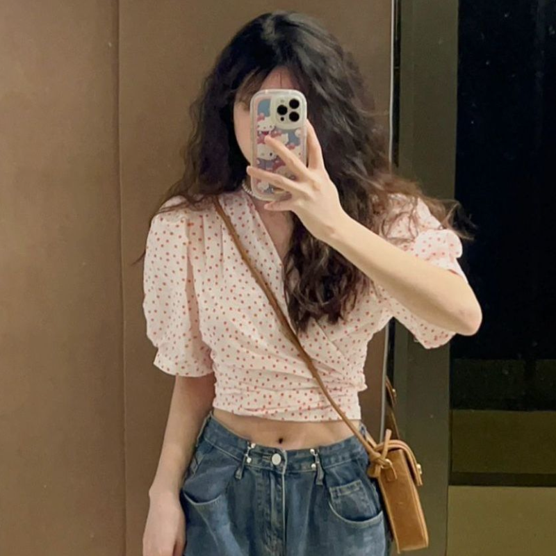 Blouse Women Summer Dot Lace-u - Crop Blouse Linen บทวิจารณ์และราคา