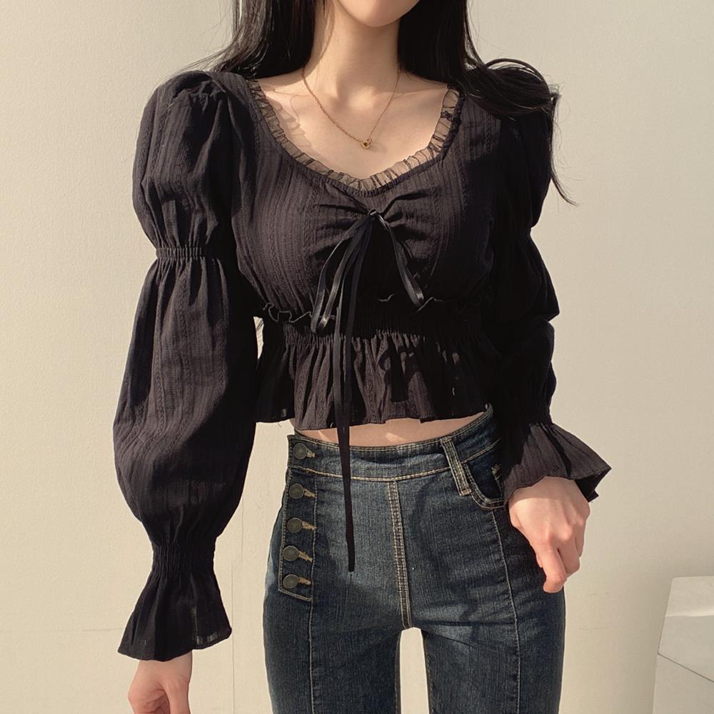 Puff Sleeve Blouses Women Gent - Crop Blouse Linen บทวิจารณ์และราคา
