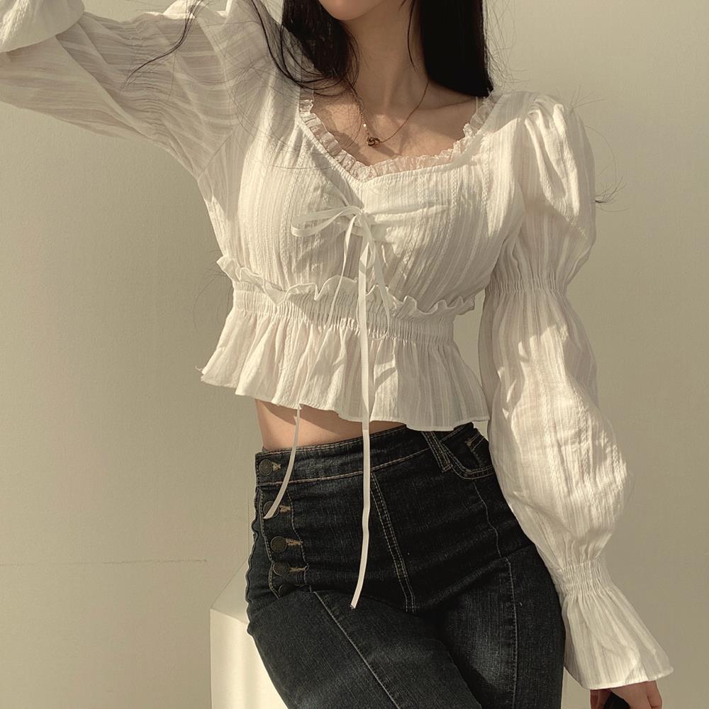 Puff Sleeve Blouses Women Gent - Crop Blouse Linen บทวิจารณ์และราคา