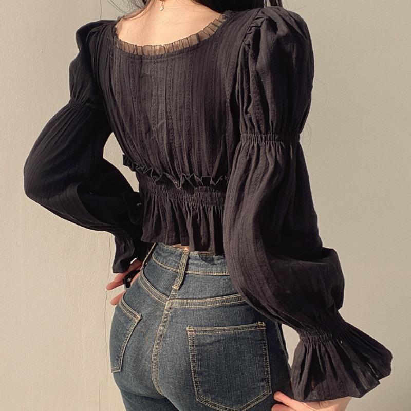 Puff Sleeve Blouses Women Gent - Crop Blouse Linen บทวิจารณ์และราคา