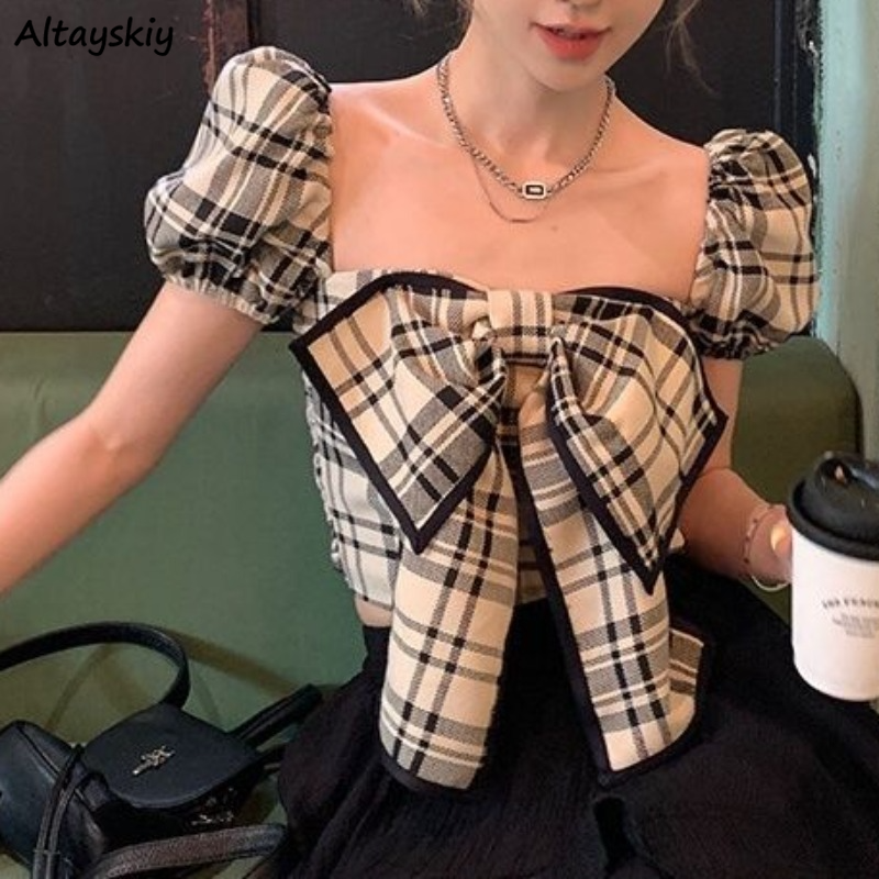 Plaid Blouses Women Y2k Summer - Crop Blouse Linen บทวิจารณ์และราคา