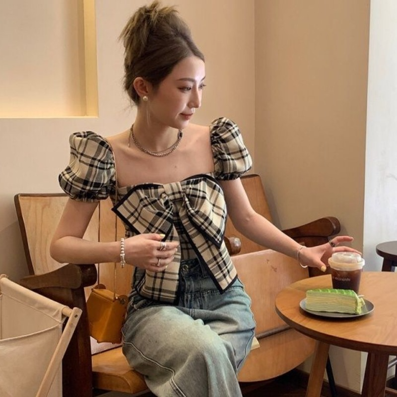 Plaid Blouses Women Y2k Summer - Crop Blouse Linen บทวิจารณ์และราคา