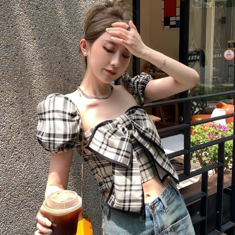 Plaid Blouses Women Y2k Summer - Crop Blouse Linen บทวิจารณ์และราคา