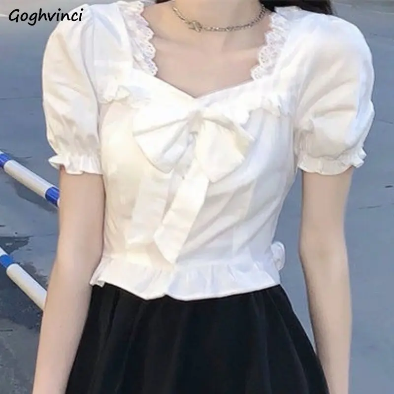 White Blouses Women Bow Design - Crop Blouse Linen บทวิจารณ์และราคา