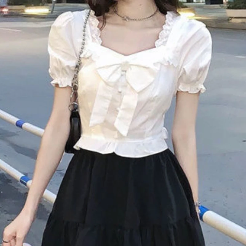 White Blouses Women Bow Design - Crop Blouse Linen บทวิจารณ์และราคา