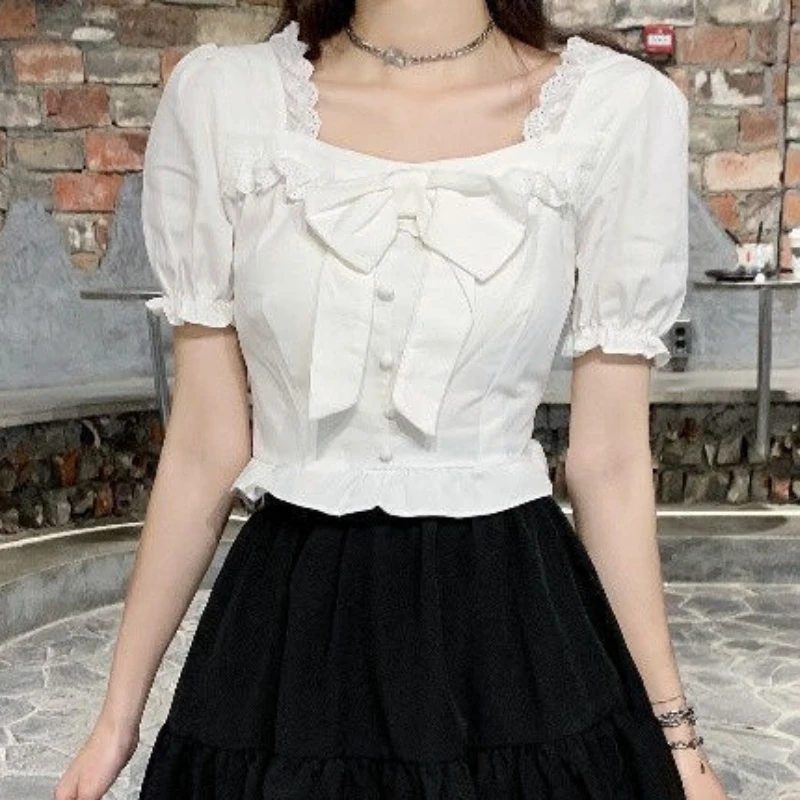 White Blouses Women Bow Design - Crop Blouse Linen บทวิจารณ์และราคา