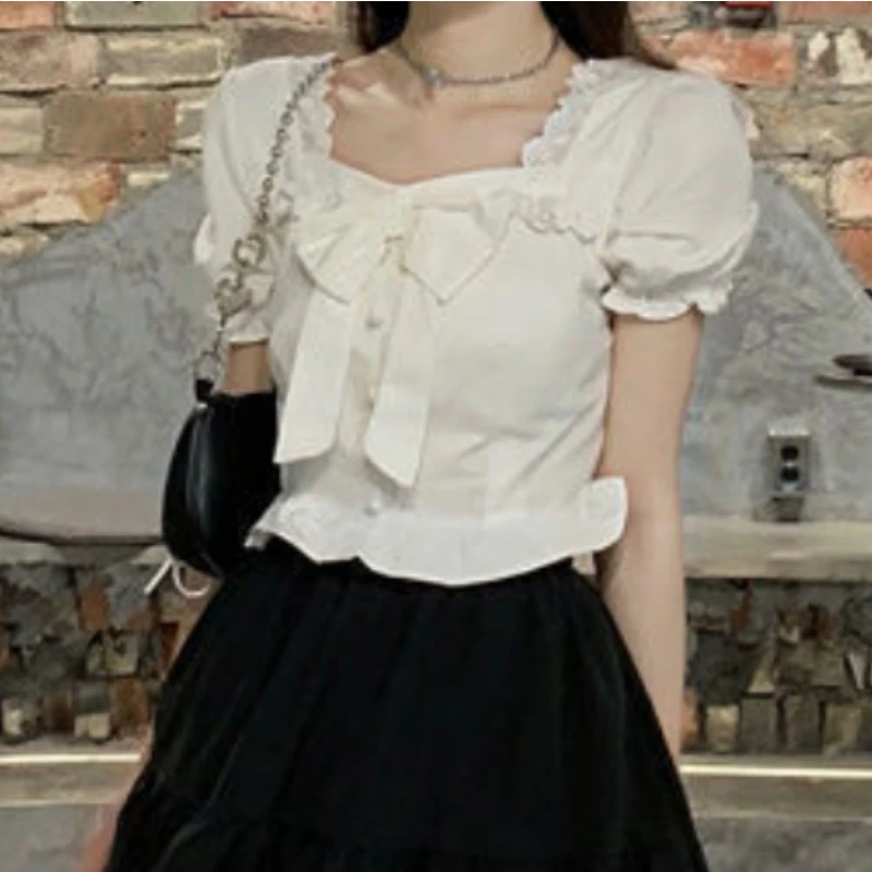 White Blouses Women Bow Design - Crop Blouse Linen บทวิจารณ์และราคา