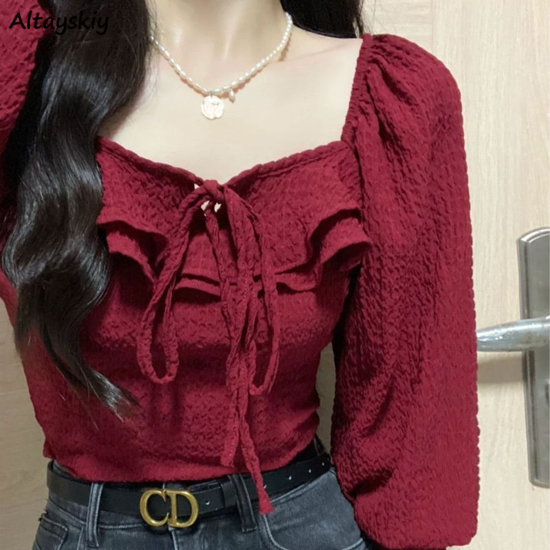 Red Blouses Lace Up Casual Vin - Crop Blouse Linen บทวิจารณ์และราคา