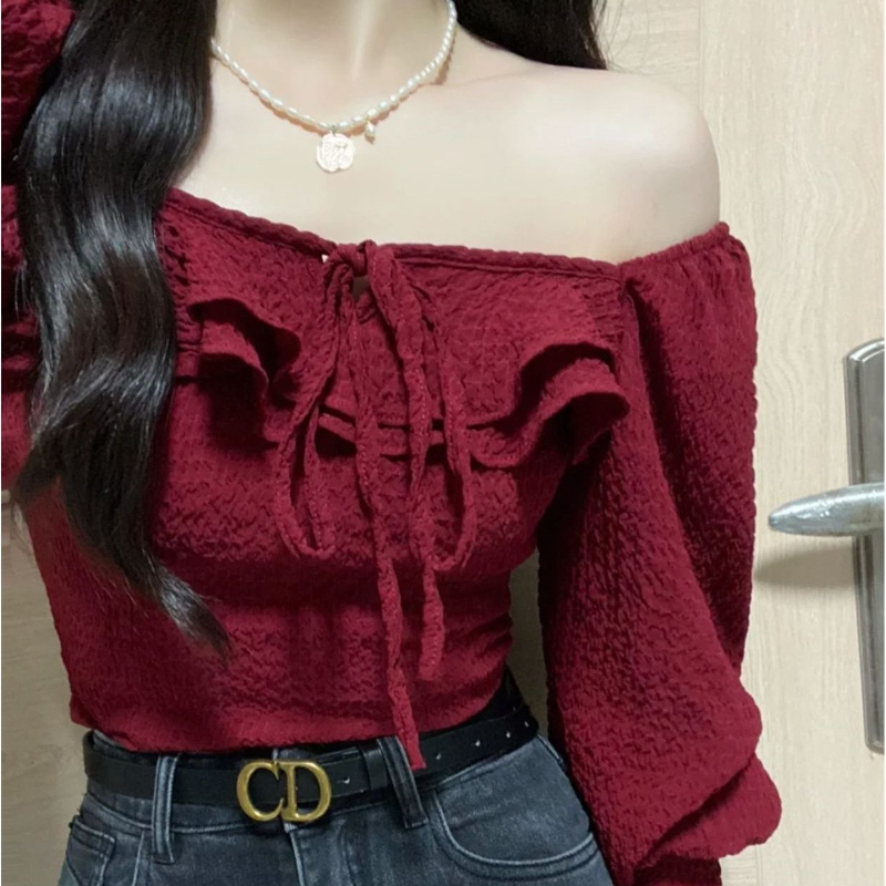 Red Blouses Lace Up Casual Vin - Crop Blouse Linen บทวิจารณ์และราคา
