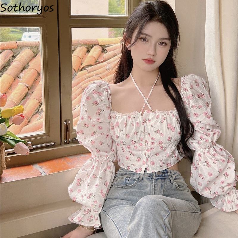 Floral Blouse Women Puff Sleev - Crop Blouse Linen บทวิจารณ์และราคา