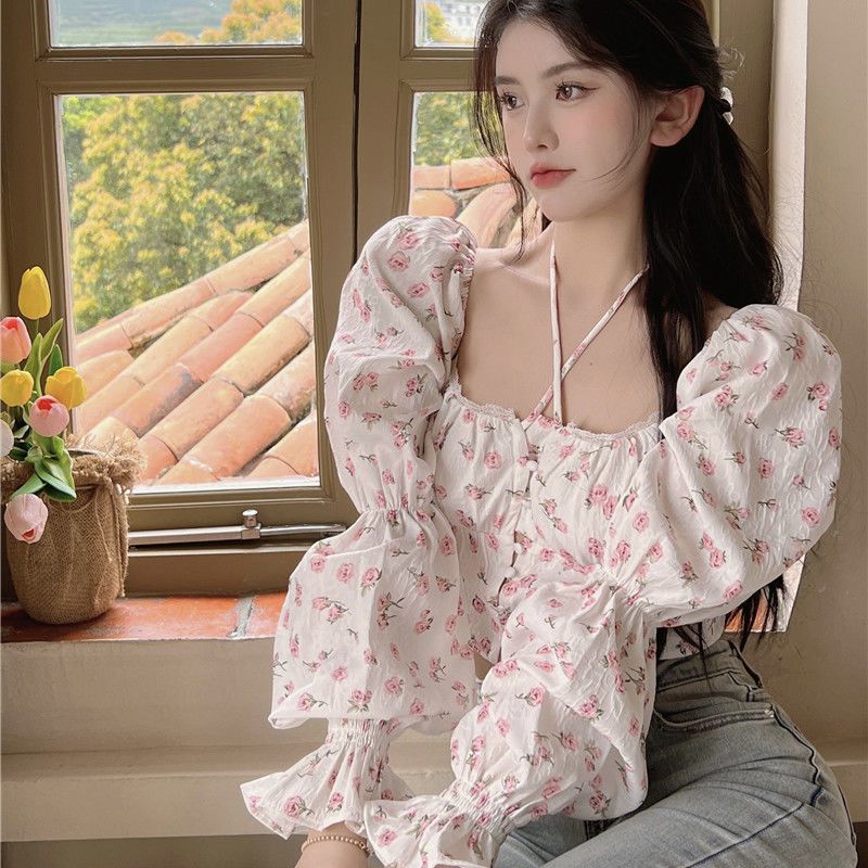 Floral Blouse Women Puff Sleev - Crop Blouse Linen บทวิจารณ์และราคา