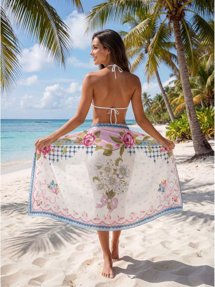 Womens Blue Floral Chiffon Bea - Sarong Pareo Wrap บทวิจารณ์และราคา